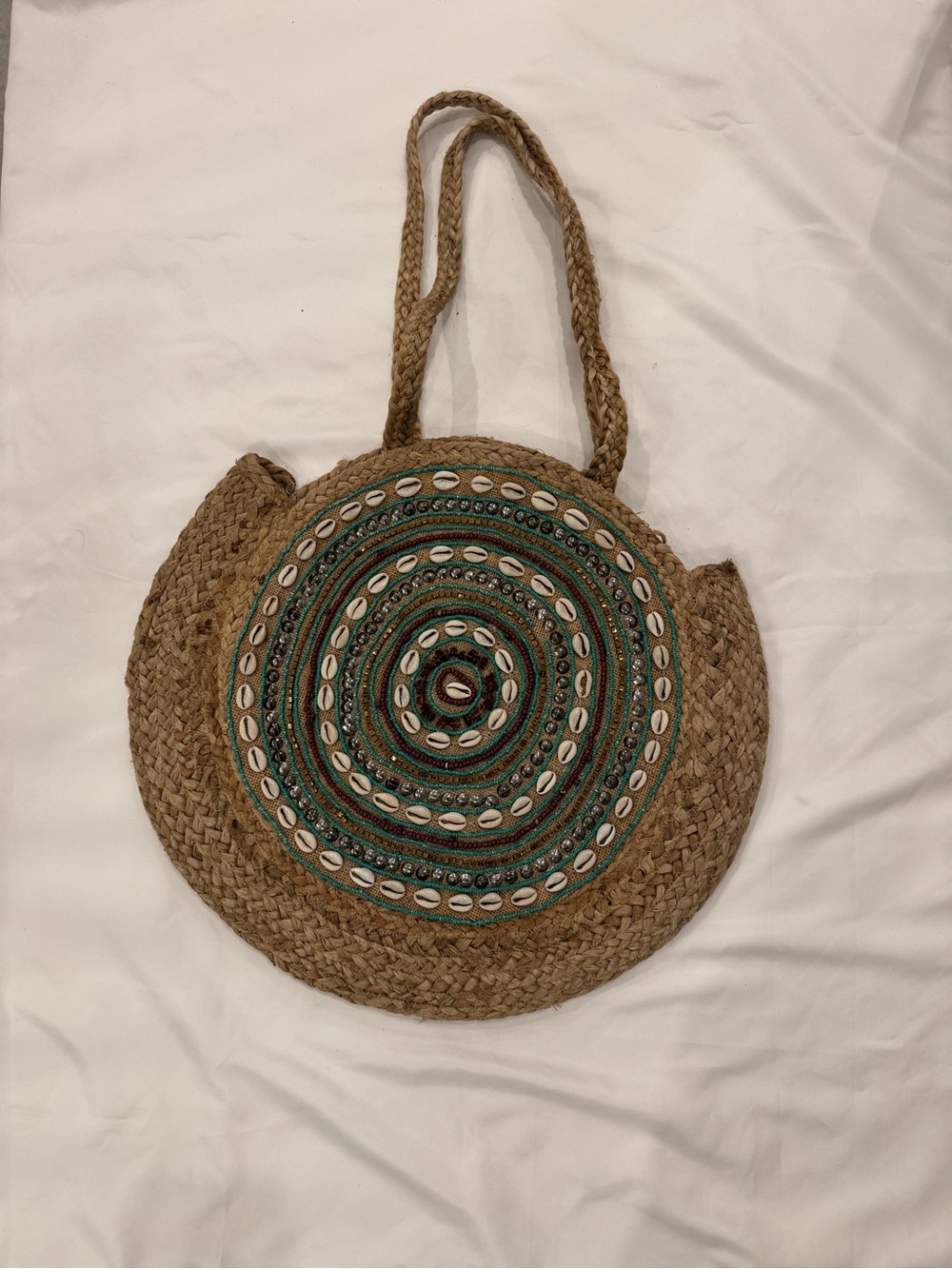 Antik Kraft Round Straw Tote with Green and Natural Accents